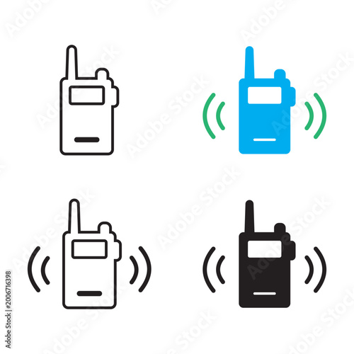 Set of walkie talkie icons showing radio communication symbols in outline and solid design styles.