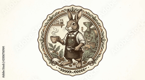 Rabbit barista illustration coffee shop emblem isolated