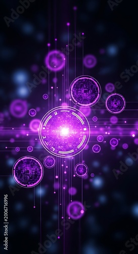 Futuristic glowing purple orbs and digital particles float on a dark background