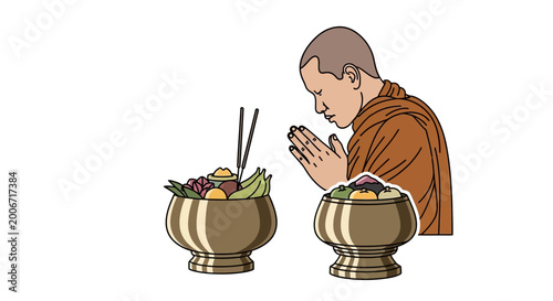 Photography Buddhist monk with food offerings.
