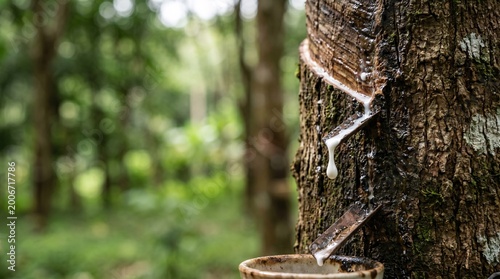 Macro of latex rubber sap dripping from a scored rubber tree bark, tropical rubber plantation
