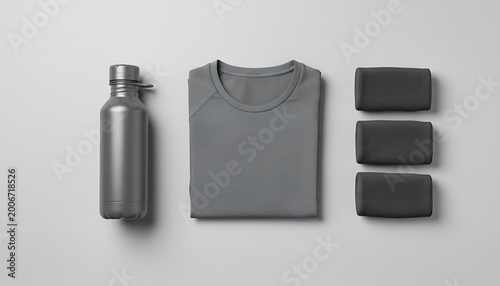 Flat lay of gray sports apparel water bottle and towels on gray