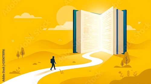 Man walking on a path towards a giant open book in a yellow landscape