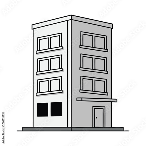 A gray building with windows and a door is shown standing alone