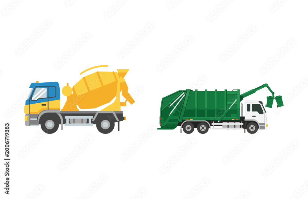 Fototapeta premium Vector illustration set featuring construction concrete mixer and waste management truck