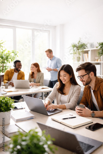 Diverse Team in Modern Office: A group of collaborative colleagues thrives in a contemporary office setting, immersed in a dynamic work environment. The scene radiates productivity and unity.