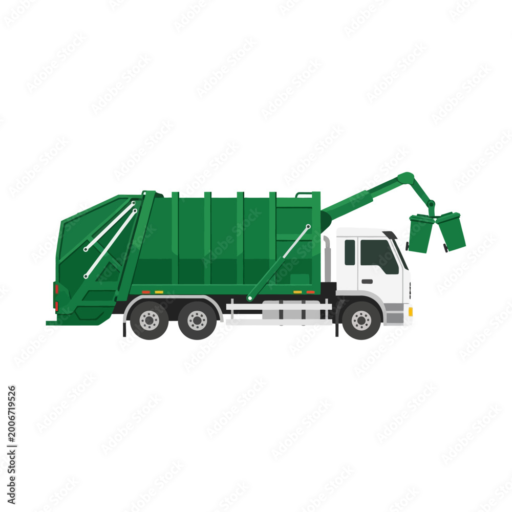 Fototapeta premium Modern Green Garbage Truck Collecting Refuse Vector Illustration for Waste Management Service