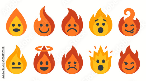 A set of flame emojis with various emotive expressions arranged in rows