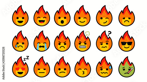 The collection of various flame emojis displays different emotions and expressions.