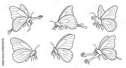 Butterfly monsters, set of hand-drawn surreal insect creature illustrations