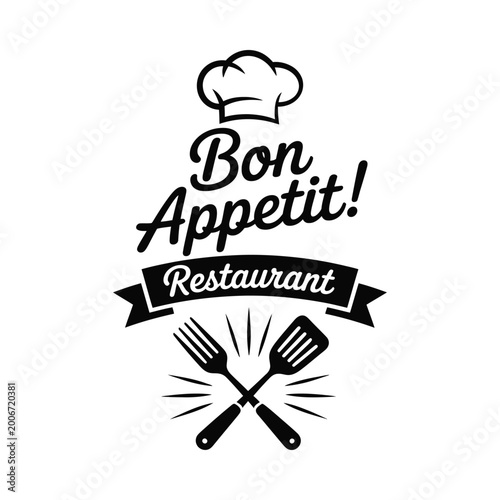 Foto Bon Appetit restaurant emblem with chef hat fork and spatula illustration