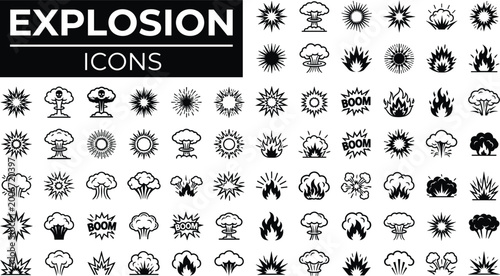 Tableau sur toile Explosion Icons Set Featuring Various Blast Effects, Fire, and Shockwave Designs