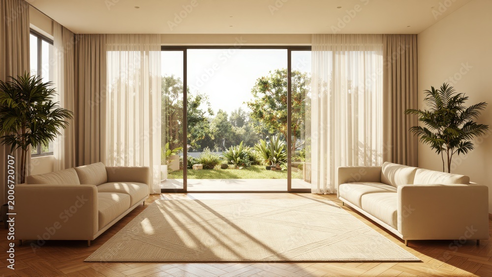 Fototapeta premium Modern Living Room with Spacious View of Lush Garden