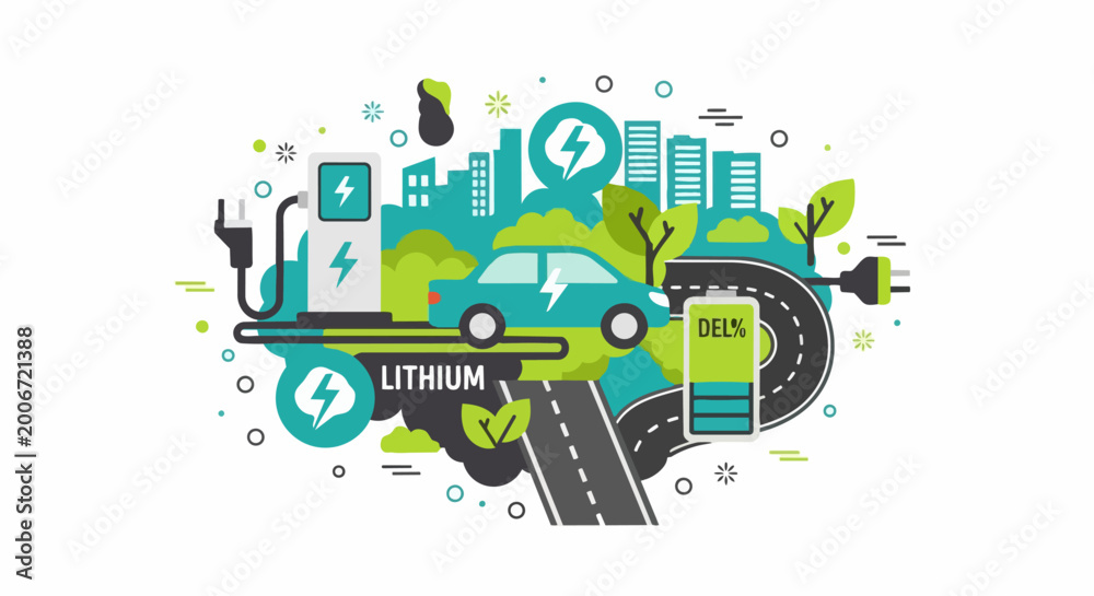 Fototapeta premium Sustainable Electric Car Transportation Concept Vector with EV Charging Point, Lithium-Ion Battery, and Eco-Friendly Smart City Infrastructure