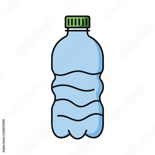A cartoon illustration of a plastic water bottle with a green cap