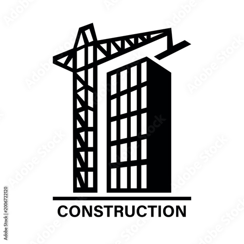 Modern urban development icon featuring a prominent building under construction with an active crane, symbolizing growth, progress, and infrastructure projects in a city