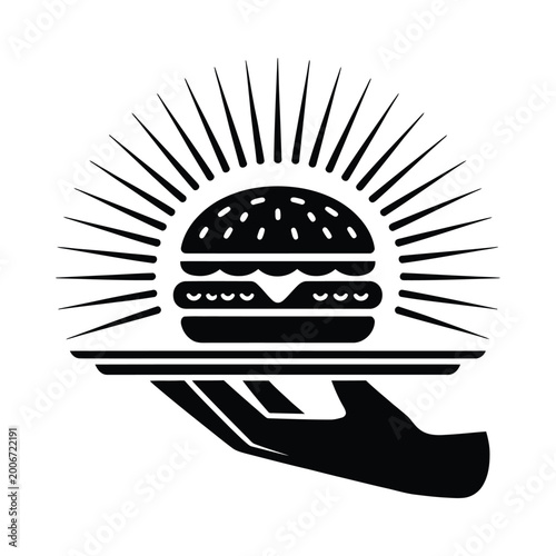 Fotografie Burger on a platter held by a hand black silhouette on white background