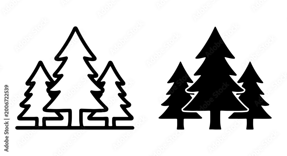 Obraz premium Black and white pine tree icons in various styles and shapes