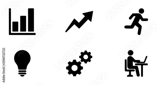Black and white business icons set including graph, growth, running, light bulb, gears, and working on computer