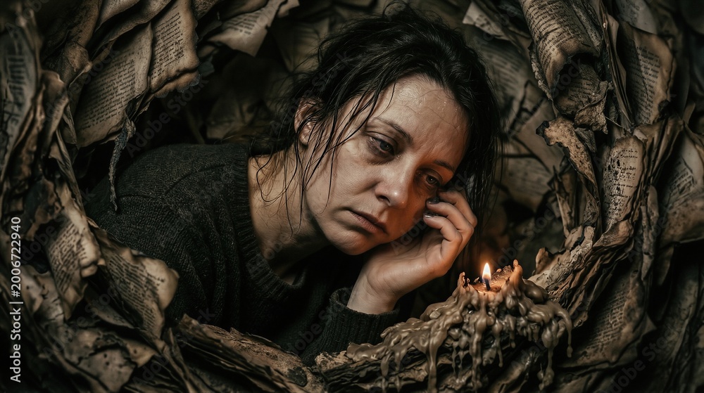 Obraz premium Exhausted woman sitting amid pile of old papers and candle. Professional burnout, mental fatigue and deep chronic stress concept. Overworked individual feeling hopeless and drained.