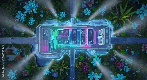 Futuristic greenhouse with glowing plants and advanced technology