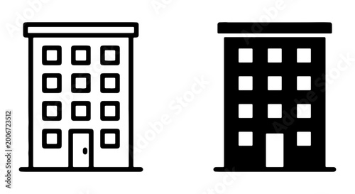Two simple black and white building icons with windows and doors
