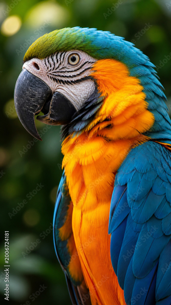 Fototapeta premium Vibrant Macaw in Focus: A stunning close-up captures the vibrant beauty of a macaw. its vividly colored plumage and intelligent gaze commanding attention.