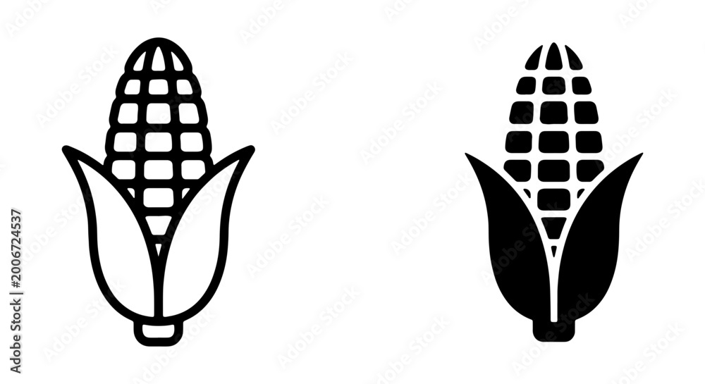Fototapeta premium Black and white corn icons with leaves, vector illustration