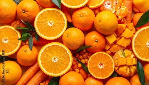 A vibrant overhead view of fresh oranges and chopped mangoes with carrots and leaves