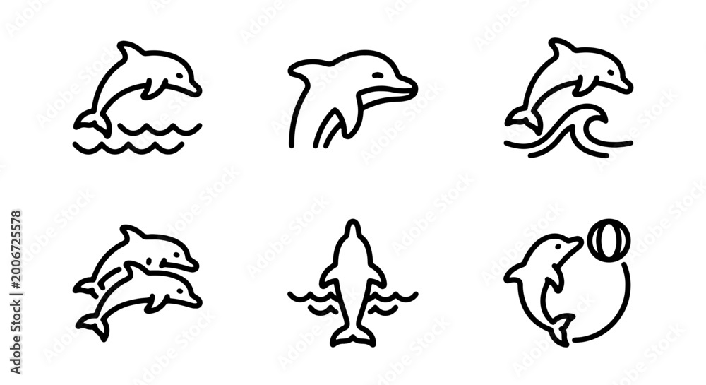 Fototapeta premium Set of six black line art dolphin icons in different swimming poses