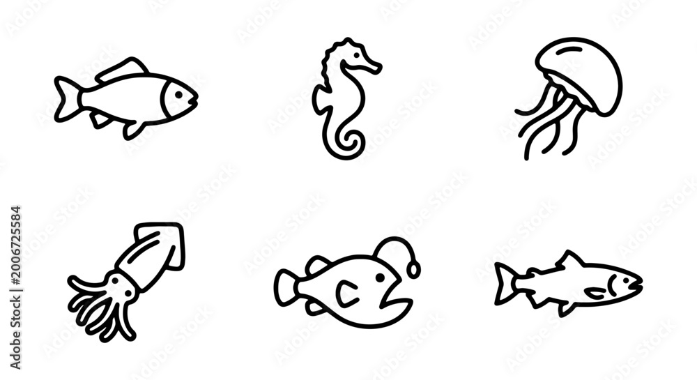 Obraz premium Black line drawings of various sea creatures