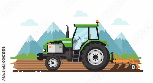 Green Farm Tractor Plowing Field in Mountain Landscape Flat Vector Illustration