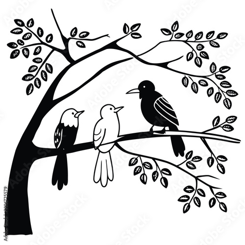 Three birds perched on a tree branch with leaves, black and white illustration