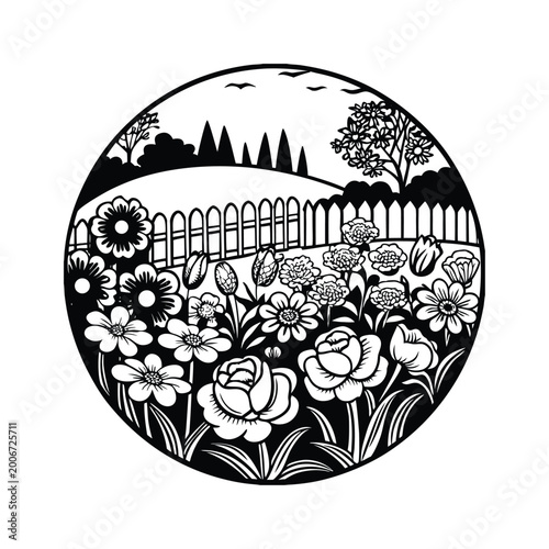 Beautiful flower garden with roses and daisies behind a picket fence, birds in the sky.