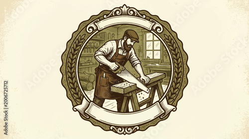 Artisan carpenter sawing wood vintage illustration design