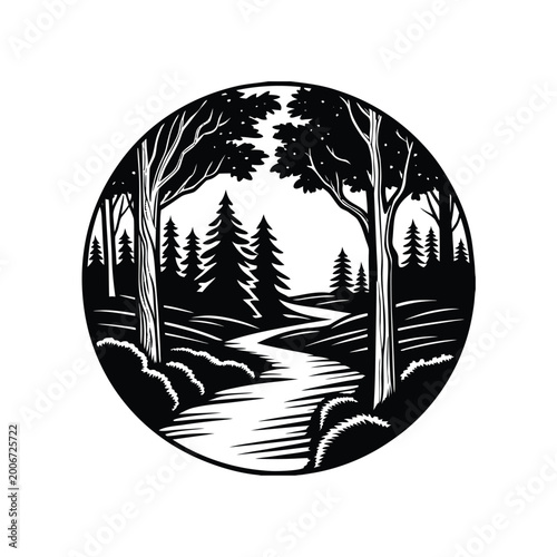 Winding river through a dense forest with tall trees and rolling hills at twilight.