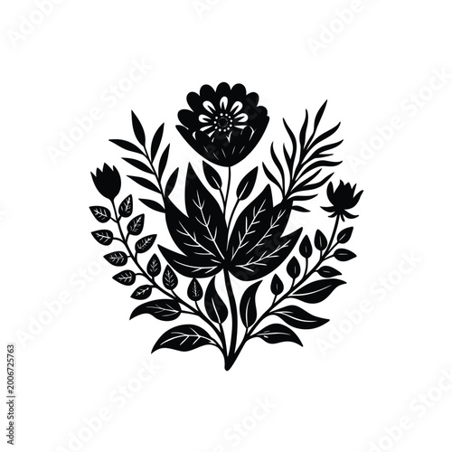 Stylized black and white botanical illustration of a central flower with leaves and branches.