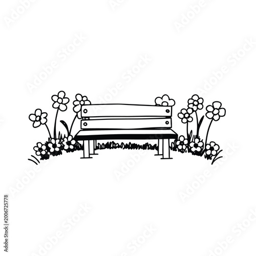 Hand-drawn garden bench surrounded by cheerful blooming flowers and green grass, peaceful outdoor scene.