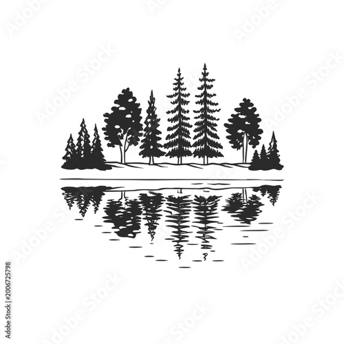 Serene landscape of pine trees reflected in a calm lake, peaceful natural scenery, black and white.