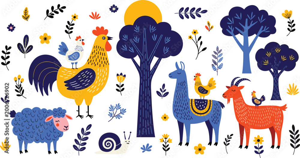 Obraz premium Colorful Farm Animal Illustration Set with Rooster, Chicken, Sheep, Llama, Goat, Trees, Flowers, Snail, and Plants in Cartoon Style for Kids, Agriculture, and Nature Designs.