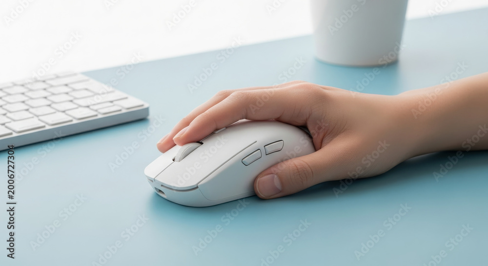 Fototapeta premium Person's hand operating a modern white wireless computer mouse on a desk, close-up view