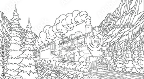 Cuadro en lienzo Vintage Steam Locomotive Chugging Through Mountains Line Art