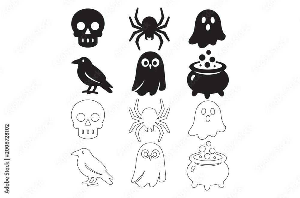 Fototapeta premium halloween icons set black and white line drawing style
