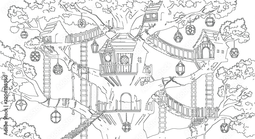 Fototapeta premium Whimsical Wooden Treehouse Built Into Giant Oak Line Art