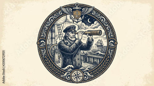 Принти на полотні Vintage illustration of a seafaring captain with telescope and ship elements