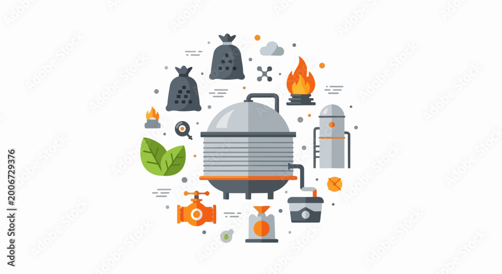 Obraz premium Industrial Biofuel and Chemical Processing Plant Flat Vector Illustration with Green Energy and Sustainability Concepts