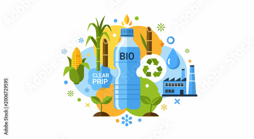 Eco-Friendly Bio-Plastic Bottle Concept with Renewable Plant-Based Materials and Recycling Icons