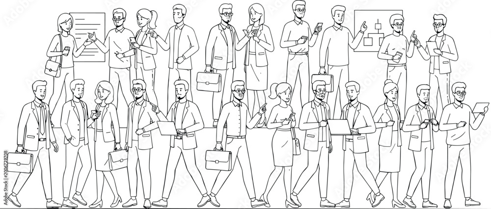 Obraz premium Large set of diverse business professional characters walking and communicating with laptops and briefcases for corporate teamwork and office life concepts.