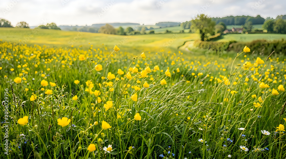 Obraz premium Beautiful yellow wildflowers blooming in a green grass meadow during a sunny spring day