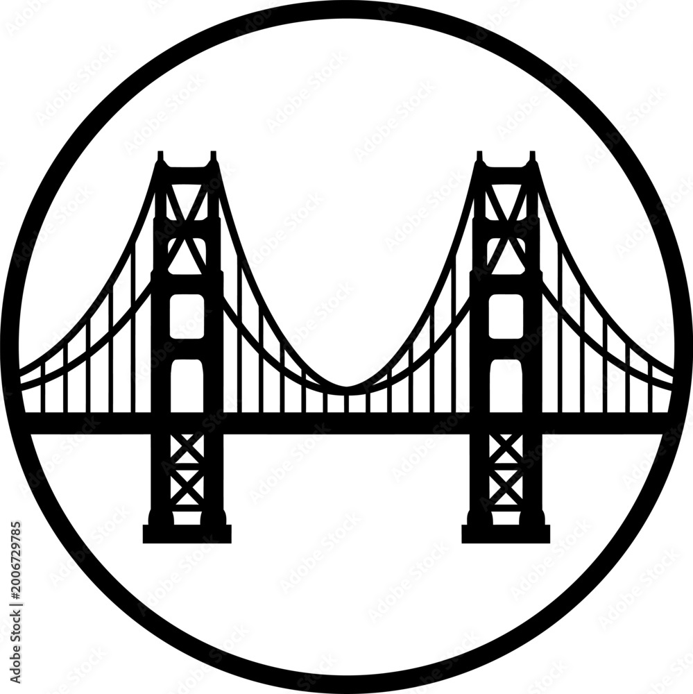 Fototapeta premium a high-quality black and white vector illustration ofGolden Gate Bridge in United States placed perfectly inside a centered circular badge frame 